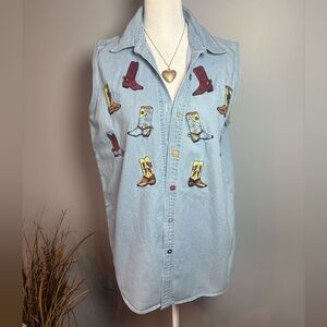 Western Cowboy Boot Embroidered Denim Shirt High Low Hem M